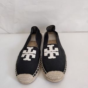 Tory Burch Black White Elisa Logo Flat Espadrille Flats Size 7.5